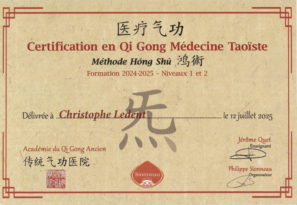Diplôme Certification Qi Qong
Méthode Hong Shu
Philippe Sionneau ASMC
Jérome Quet